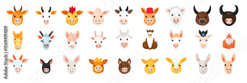 Cute farm animal heads icons collection with cow goat sheep horse pig chicken dog cat donkey llama in flat minimalist vector style