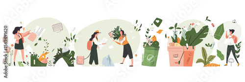 People collecting plastic trash recycling bins planting trees sustainable lifestyle environmental conservation flat vector illustration set