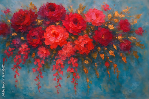 Wallpaper Mural Red Roses and Gold Leaves on Teal Background Floral Painting Torontodigital.ca