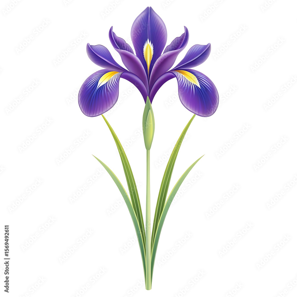 Fototapeta premium Elegant Purple Iris Flower: Botanical Illustration, Vibrant Hues, Serene Mood, Isolated on Black.