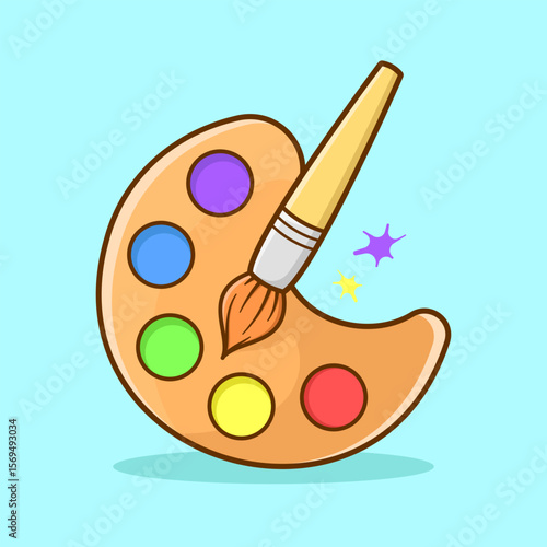 Color palettes Illustration, painting supplies, colorful tubes, watercolors, oil paints, acrylic paints. Colors pallete paint isolated flat icon. Vector illustration of cartoon wooden colouring