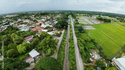 aerial view of the city and rice field