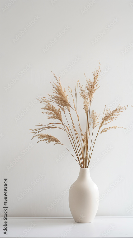 Naklejka premium Dried pampas grass arrangement in a white vase on minimal background 