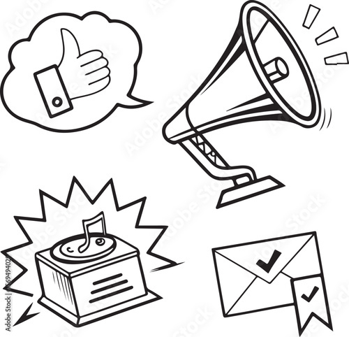 Vector illustration of communication, feedback, and rating icons with speech bubbles, megaphone, thumbs up, and stars in outline style