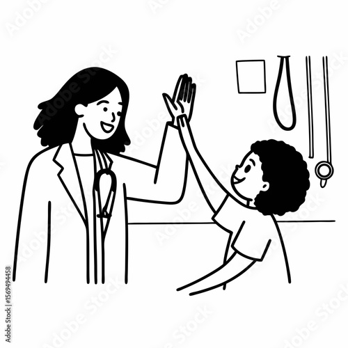 Smiling female doctor give high five to little biracial patient