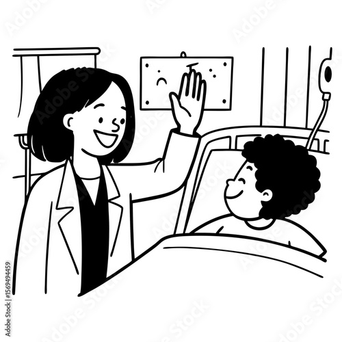 Smiling female doctor give high five to little biracial patient
