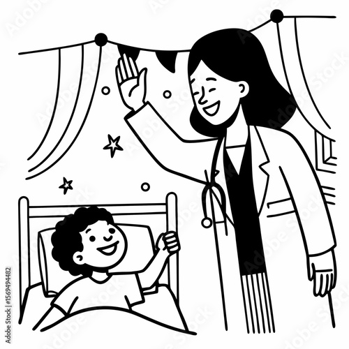 Smiling female doctor give high five to little biracial patient