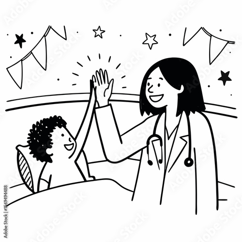 Smiling female doctor give high five to little biracial patient