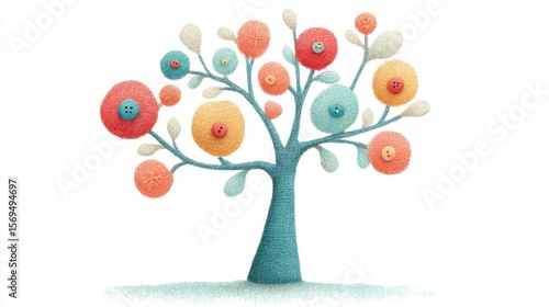 ボタンの花が咲く水色の木のイラスト、白背景