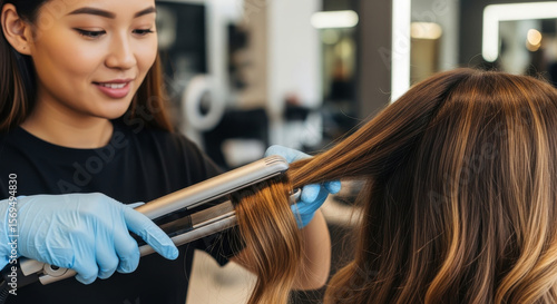 Professional hair stylist using a flat iron to straighten client hair in a beauty salon