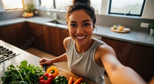 Smiling young woman taking selfie in modern kitchen with fresh vegetables
