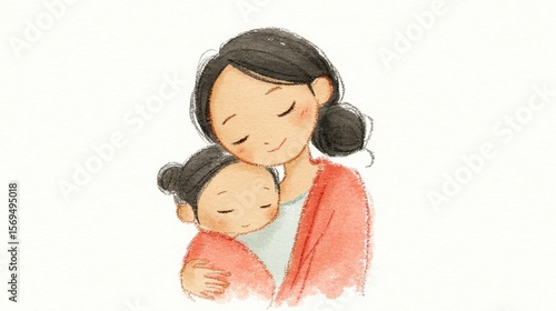 母親が子供を抱きしめる愛情深いイラスト、白い背景