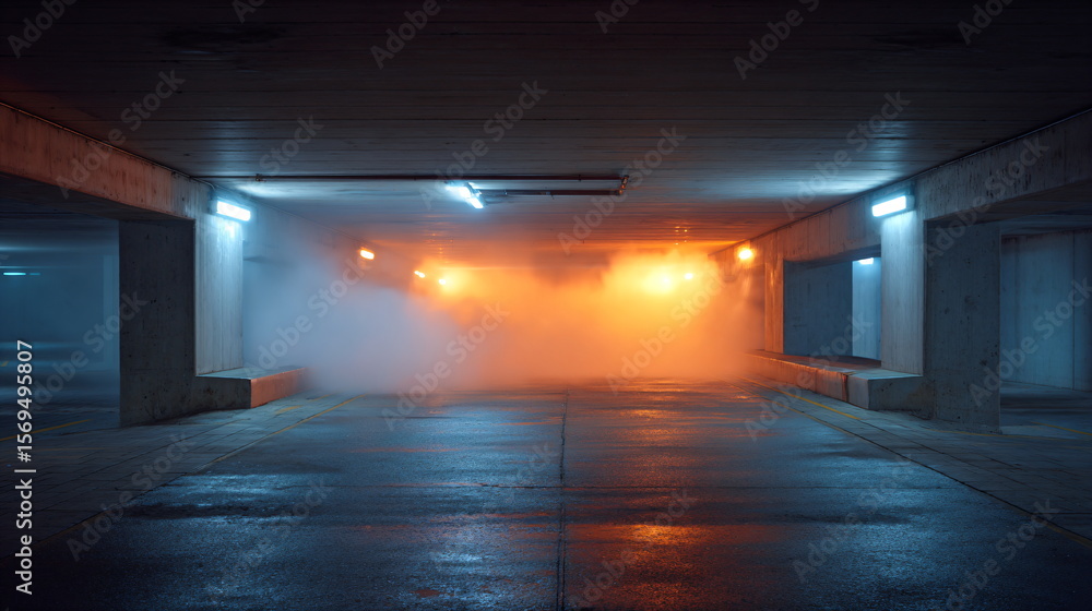Fototapeta premium Orange and blue lights illuminating an empty underground parking garage. Mysterious industrial concrete basement for film backdrops.