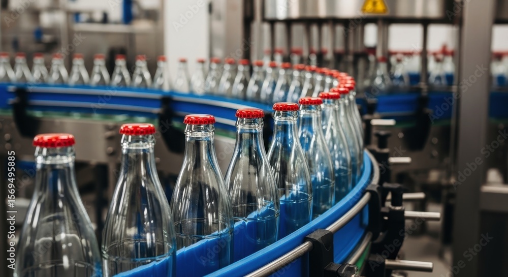 Naklejka premium Clear glass bottles with red caps moving on a blue conveyor belt in a modern factory