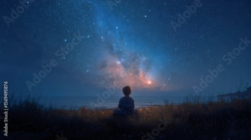 A young child sits in silhouette, gazing up at the vast, mysterious Milky Way, embodying a profound sense of wonder and peaceful contemplation under the starry night sky.
