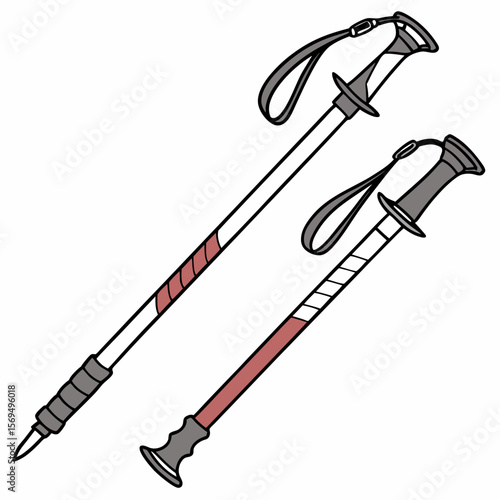 Gray and red trekking poles with straps hiking poles walking sticks