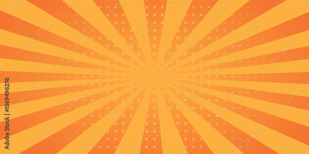 Fototapeta premium orange abstract background with light of sunburst. orange starburst with halftone. sun ray retro background with flash. vector
