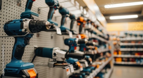 Cordless electric drill and power tools displayed in a hardware store