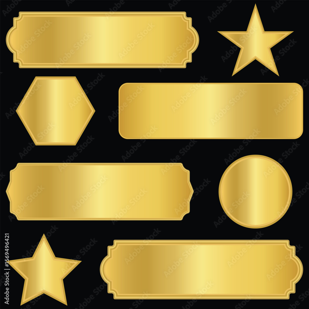 gold label banner, Blank golden nameplate plaque with decorative edges and screw holes. Empty metallic label for signage, awards, door signs. golden name plates. Different golden temples illustration.