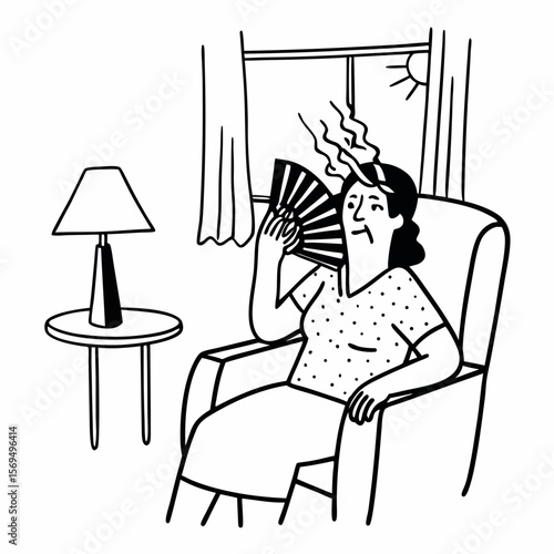 Stressed old woman waving fan suffer from overheating at home