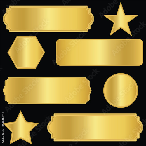 gold label banner, Blank golden nameplate plaque with decorative edges and screw holes. Empty metallic label for signage, awards, door signs. golden name plates. Different golden temples illustration.