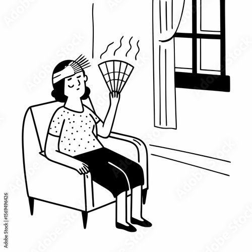 Stressed old woman waving fan suffer from overheating at home