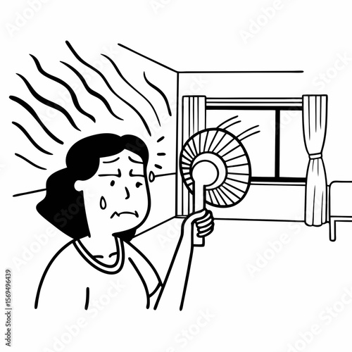 Stressed old woman waving fan suffer from overheating at home