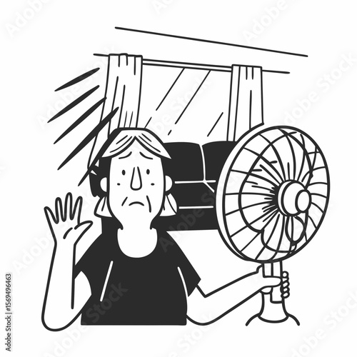 Stressed old woman waving fan suffer from overheating at home