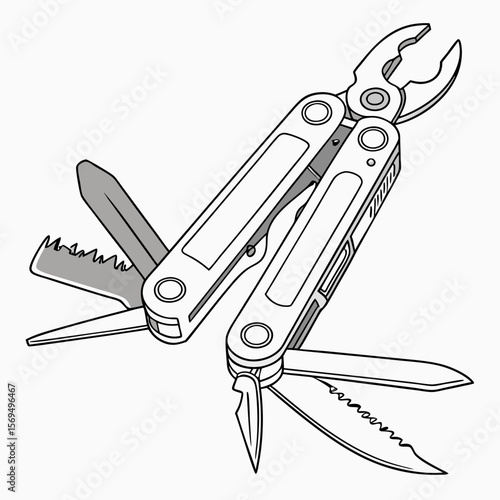 Silver multi tool with opened blades and pliers knife