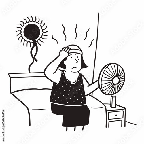 Stressed old woman waving fan suffer from overheating at home