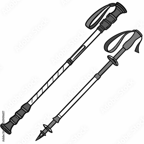Two grey trekking poles with black straps and tips hiking poles walking sticks