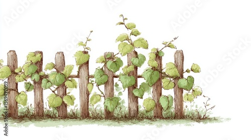 Wooden fence with climbing plant illustration on white background
