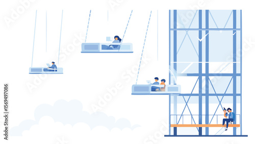 People working on floating platforms next to a tall building with glass windows and steel frames