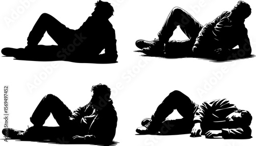 Group of one man half lying down on street vector silhouette