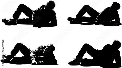 Group of one man half lying down on street vector silhouette