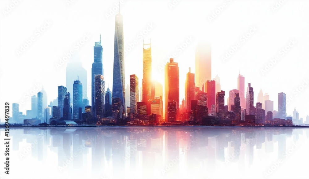 Fototapeta premium Sunlit Cityscape with Reflective Water and Skyscrapers