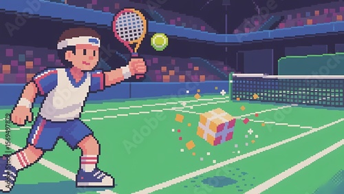 Pixel - art style tennis player hitting a ball in a retro - inspired game court, blending sports and nostalgic gaming aesthetics.