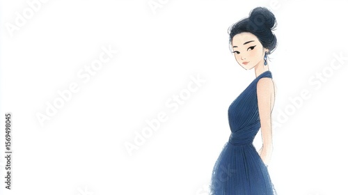 Elegant woman in blue dress standing on white background