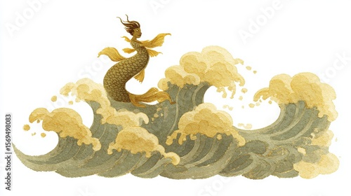 The Amabie yokai mermaid with tail in waves on white background