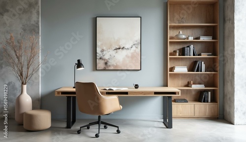 Wallpaper Mural Modern minimalist home office with wooden desk, beige chair, and abstract wall art Torontodigital.ca