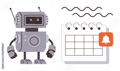 Robot standing by a calendar featuring a notification bell, indicating automation and reminders. Ideal for technology, AI, scheduling, task management, robotics, time management, futuristic tools