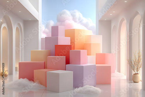 Modern Minimalist Interior with Colorful Cubes and Cloudy Sky