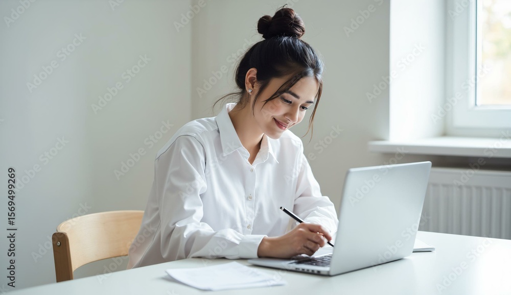 A woman in a white shirt is working at a desk with a laptop and taking notes. A woman in a white shirt is working at a desk with a laptop and taking notes.