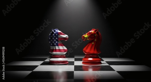 Symbolic Chess Match USA and China Flags on Knight Pieces Representing Global Geopolitical Competition and Strategic Rivalry on a Dark Chessboard