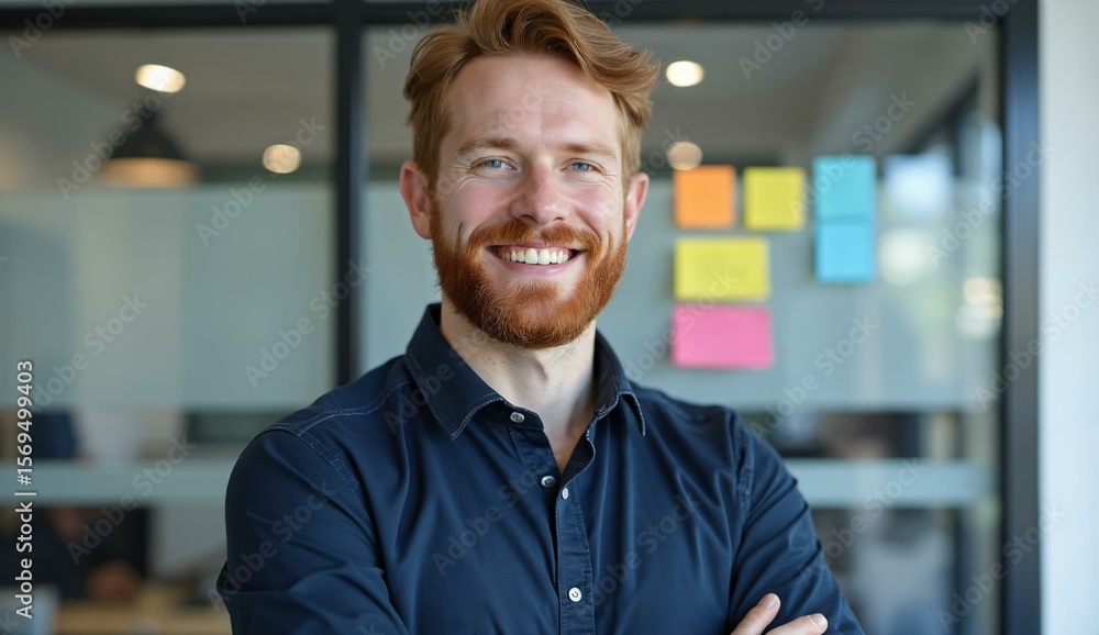 Naklejka premium Man with red hair and beard smiling in a modern office setting