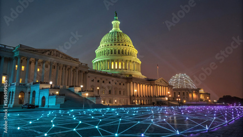 United states capitol building illuminated at night with a futuristic digital network overlay
