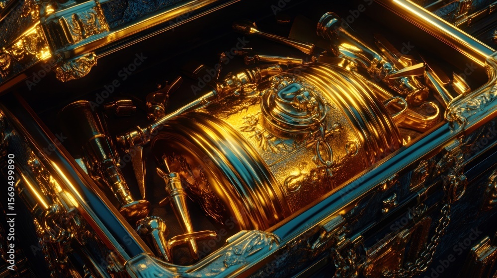 Golden treasure chest intricate mechanism Golden treasure chest intricate mechanism