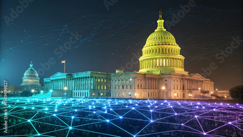 United states capitol building illuminated at night with a futuristic digital network overlay