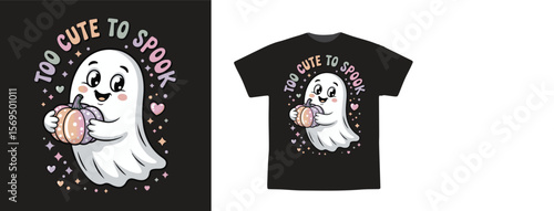 Cute Halloween Ghost Holding Pumpkin with ‘Too Cute to Spook’ Quote – Pastel Kawaii T-Shirt Vector Design