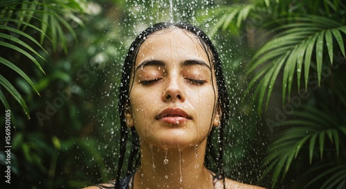 Fototapeta Naklejka Na Ścianę i Meble -  Close-up of a young woman’s face with water pouring over her head in a tropical outdoor shower, soft natural light, wet hair, closed eyes, peaceful expression